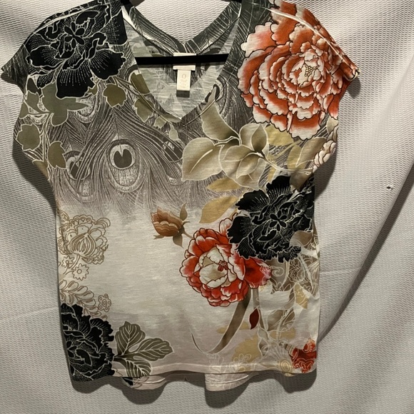 Chicos Tops - Chico's Black and Red Floral V-Neck Tee